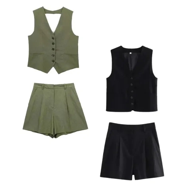 Conjunto Feminino em Alfaiataria - Colete e Shorts no Linho